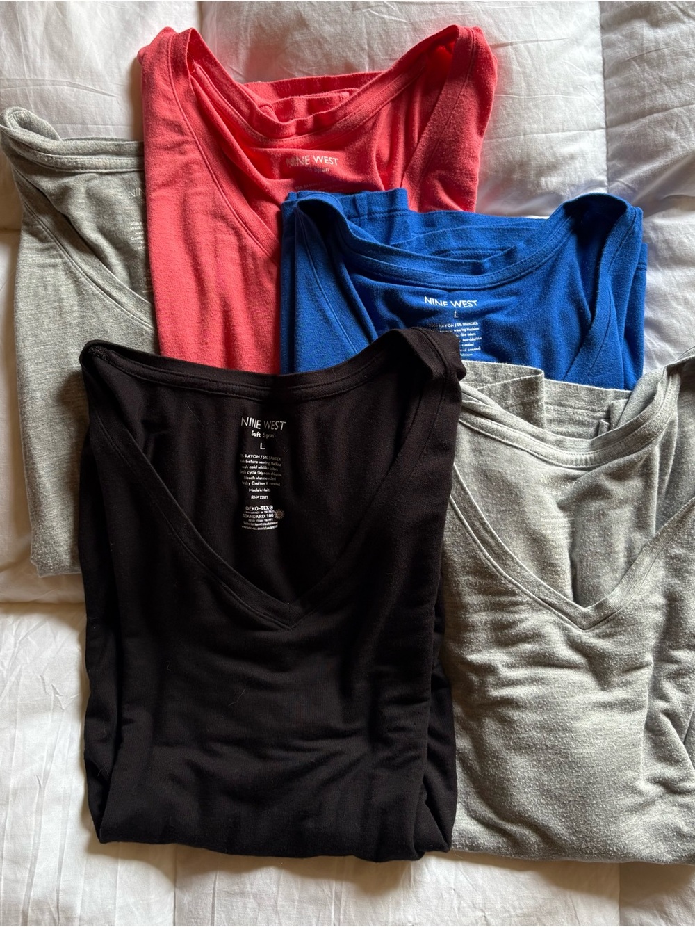 Set of 5 - Nine West V-Neck soft spun tshirts: Black, Coral, Blue, Gray x2